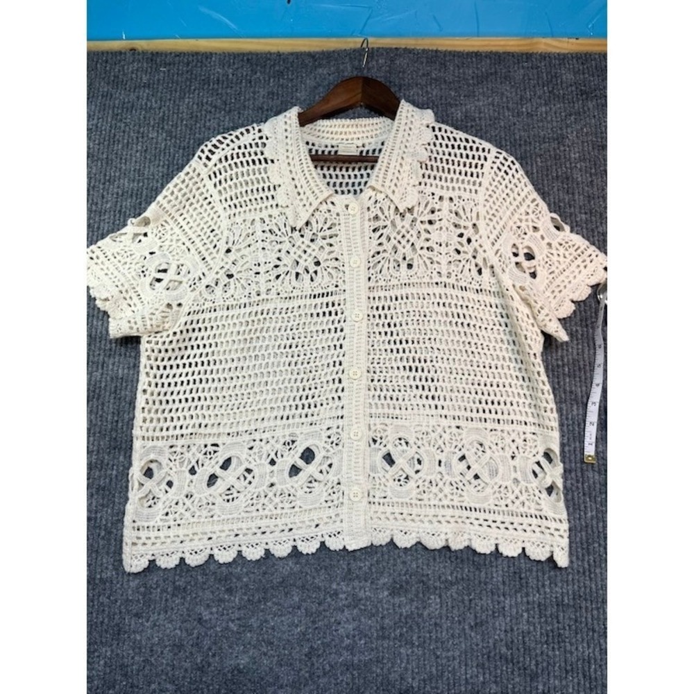 Ultra Pink Womens Crochet Knit Cardigan Cream Ivory Cotton Button Up Top Large